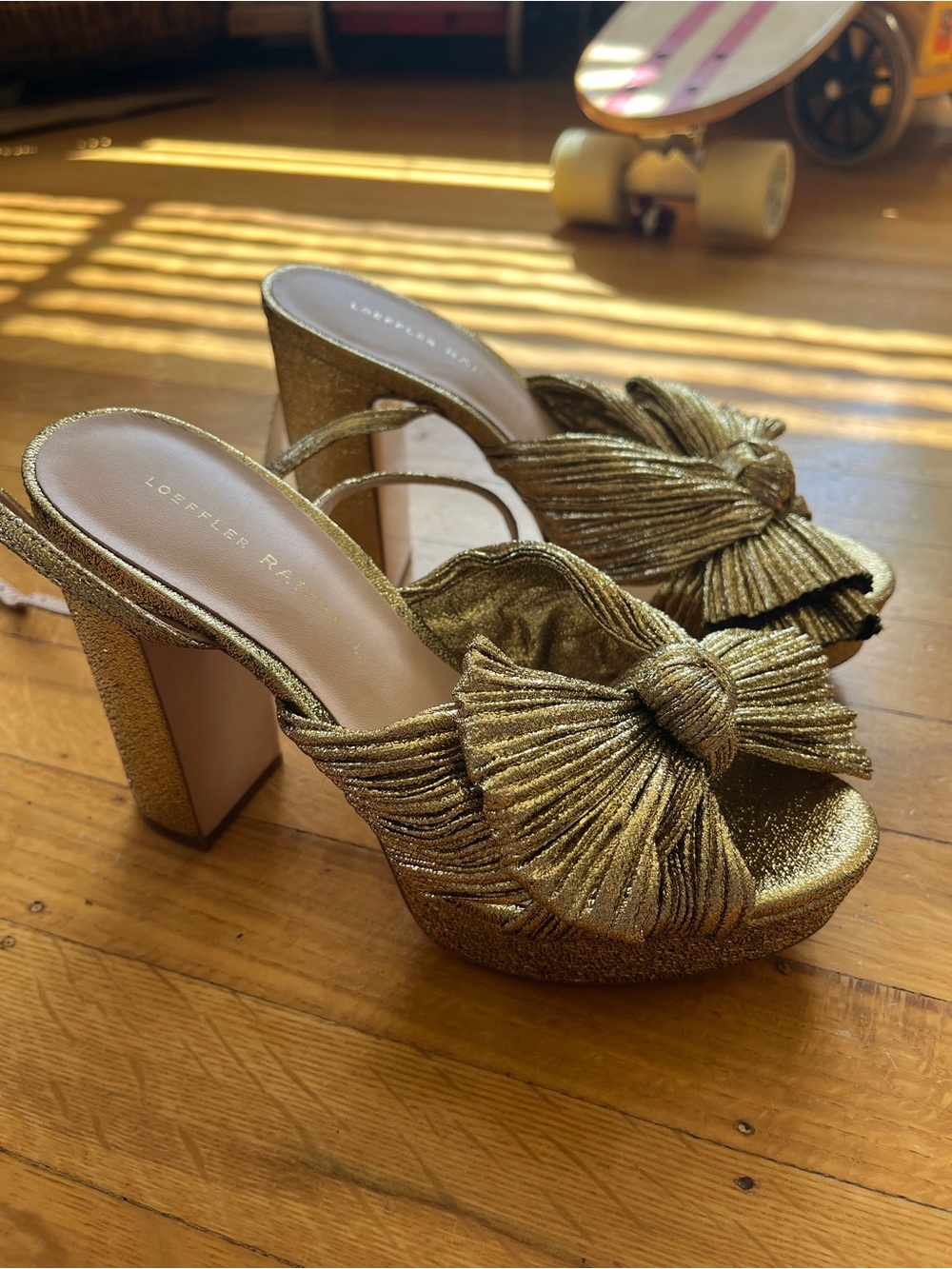 Loeffler Randall Camellia Metallic Gold Knotted Bow Platform Sandals thick heel